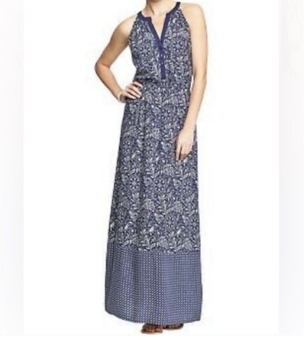 Old Navy Maxi Dress Medium Blue Paisley Boho Sleeveless Racerback Rayon Flowy